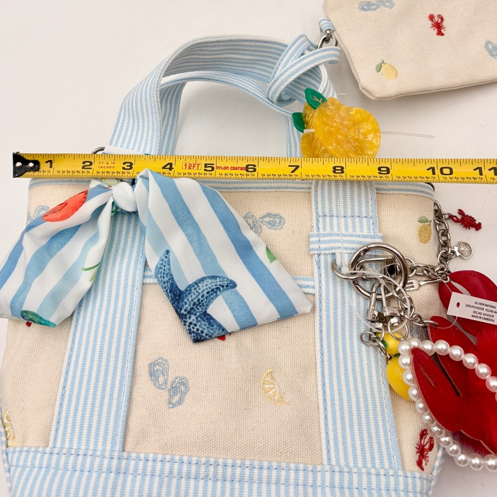 Madden Girl Nautical Canvas Mini Tote Bag Lobster Oyster Lemon Embroidery Blue - Picture 10 of 13